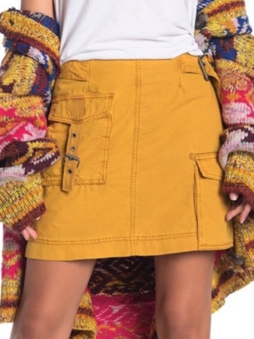 Free People mustard yellow Erika Mini Utility Cargo Skirt cotton buckles 2